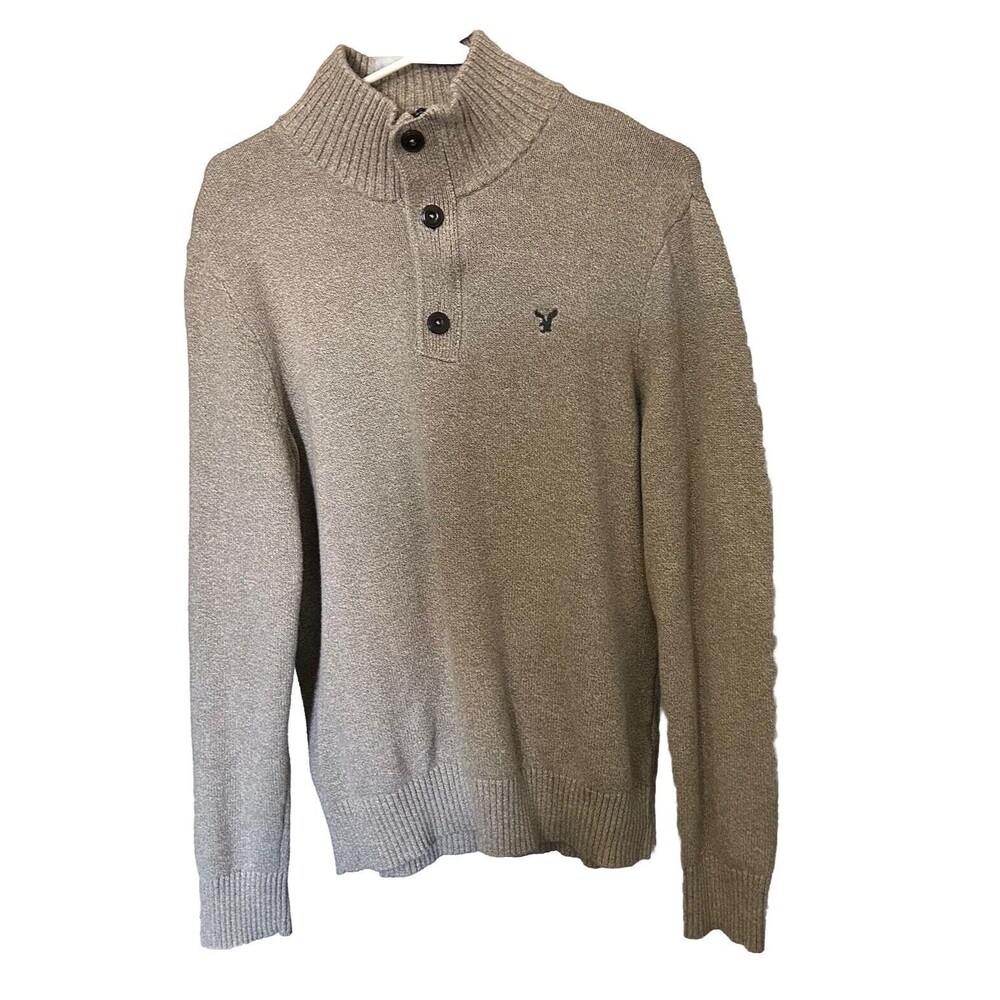 American Eagle Sweater Mens L Athletic Fit Pullover Long Sleeve 1/4 Button Brown